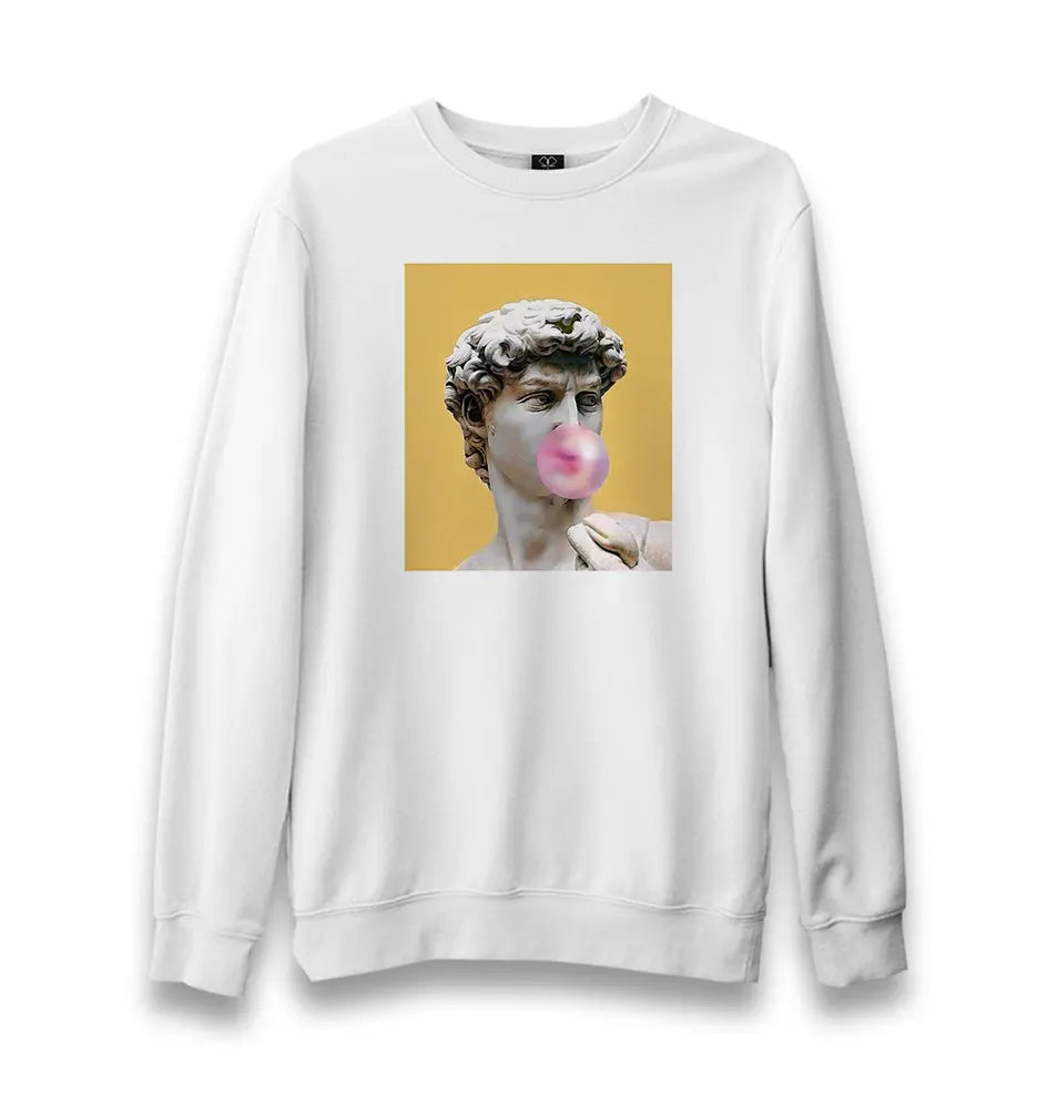 Michelangelo - David Behind Bubble Gum Unisex White Sweatshirt - Premium  from W.E.N.S. WIND - Just 10990! Shop now at W.E.N.S. WIND