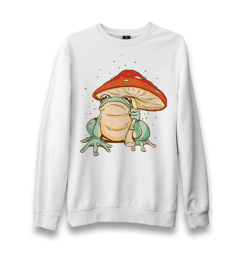 A Frog with a Mushroom Umbrella Unisex White Sweatshirt - Premium  from W.E.N.S. WIND - Just 10990! Shop now at W.E.N.S. WIND