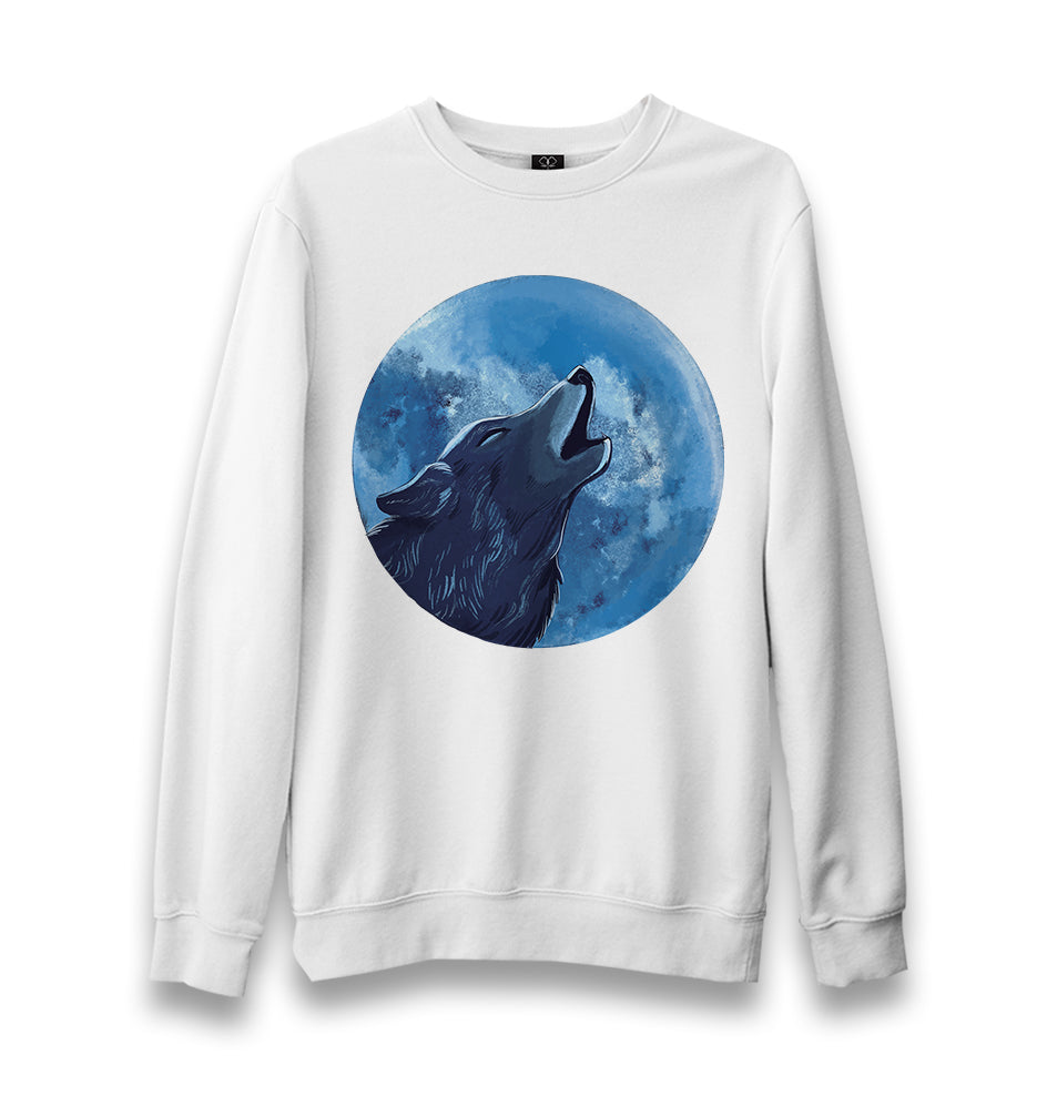A Wolf Howling with the Blue Moon Unisex White Sweatshirt - Premium  from W.E.N.S. WIND - Just 10990! Shop now at W.E.N.S. WIND