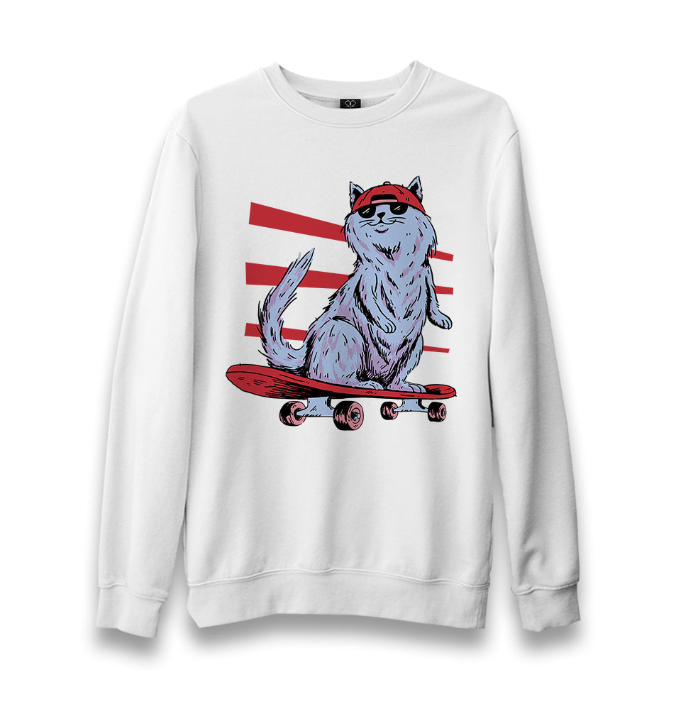 Cat Riding a Skateboard Unisex White Sweatshirt - Premium  from W.E.N.S. WIND - Just 10990! Shop now at W.E.N.S. WIND