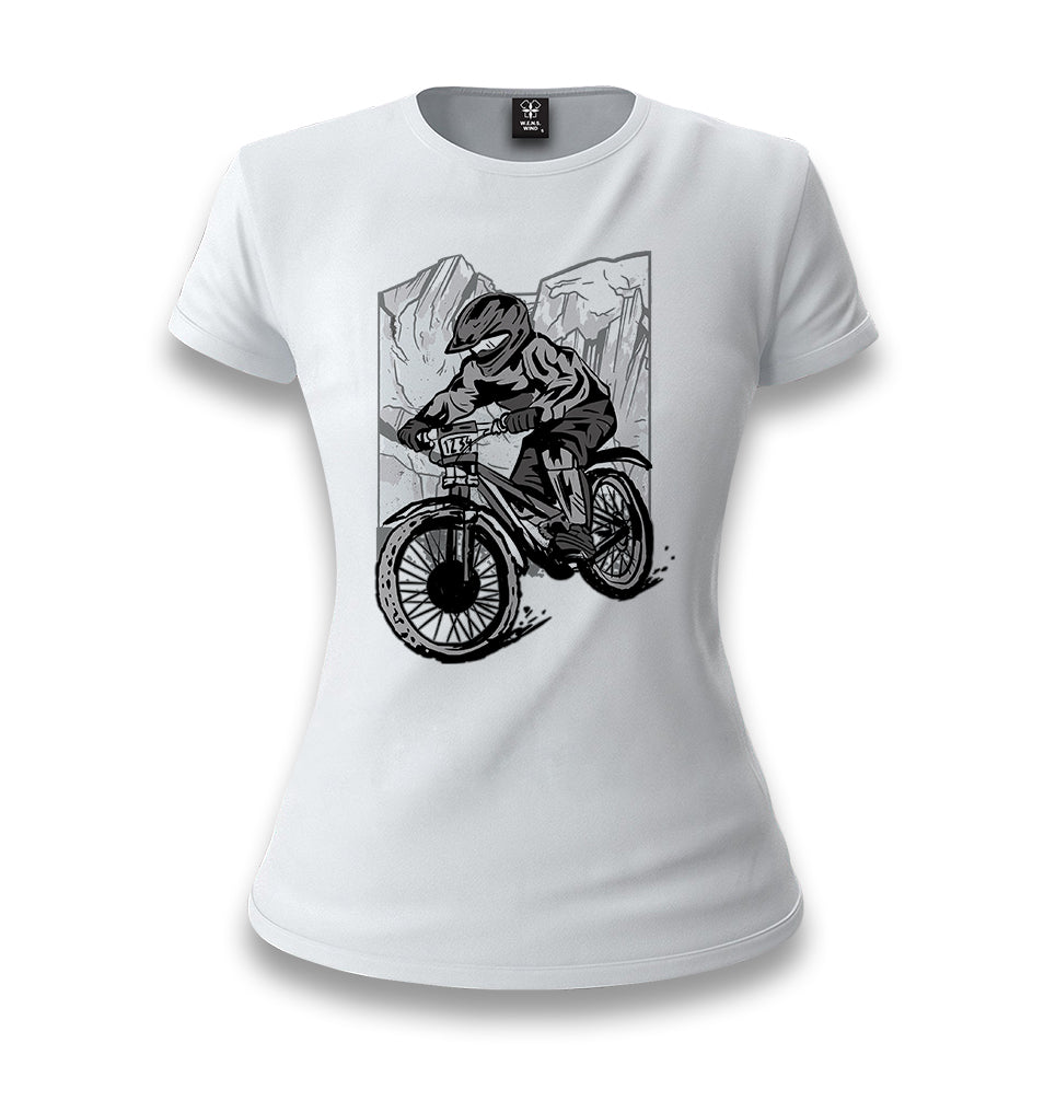 A Biker Riding in Front of the Mountains White Women T-shirt - Premium  from W.E.N.S. WIND - Just 6490! Shop now at W.E.N.S. WIND