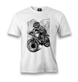 A Biker Riding in Front of the Mountains Men's White Tshirt - Premium  from W.E.N.S. WIND - Just 6490! Shop now at W.E.N.S. WIND