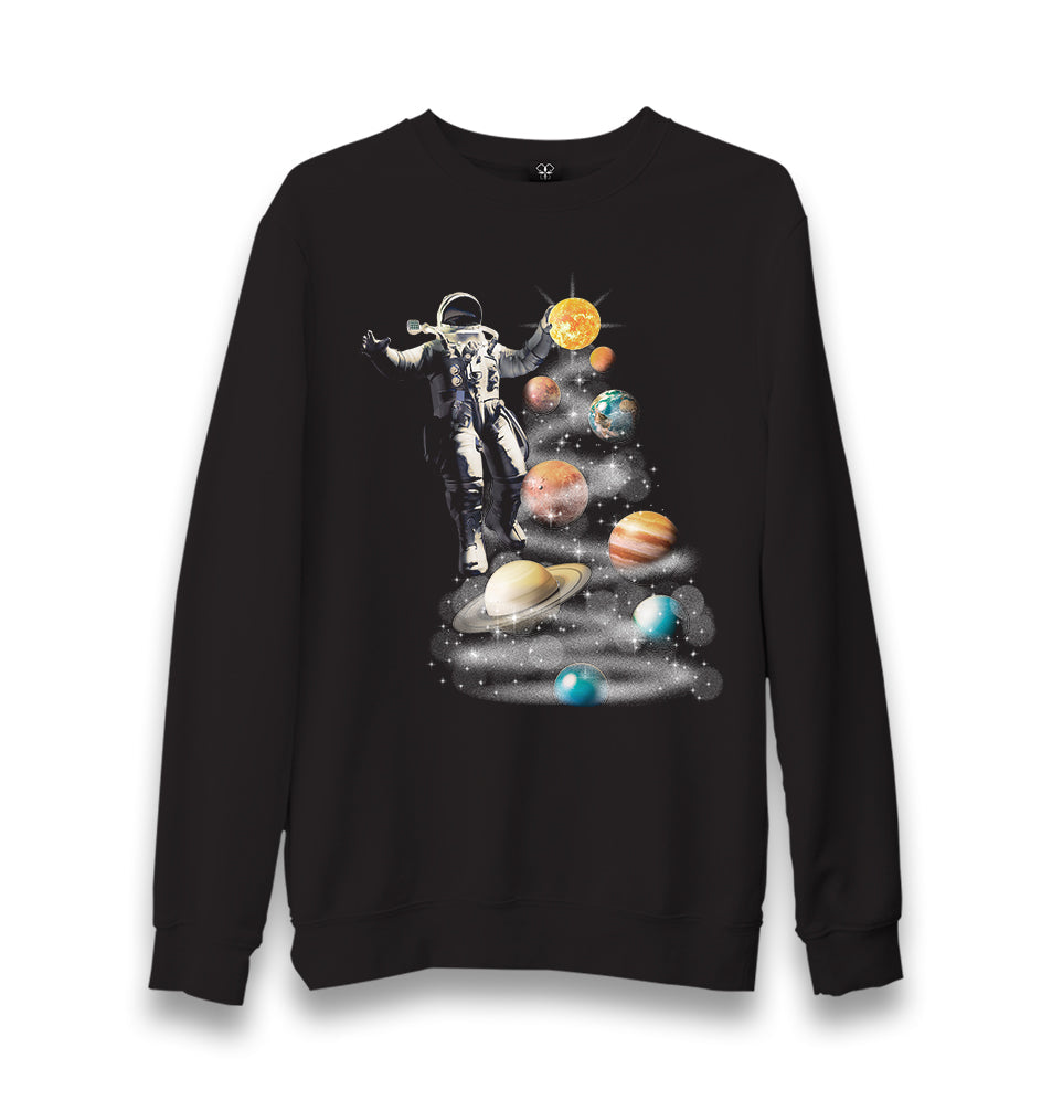 Astronaut Holding Sun Above the Planets Unisex Black Sweatshirt - Premium  from W.E.N.S. WIND - Just 10990! Shop now at W.E.N.S. WIND