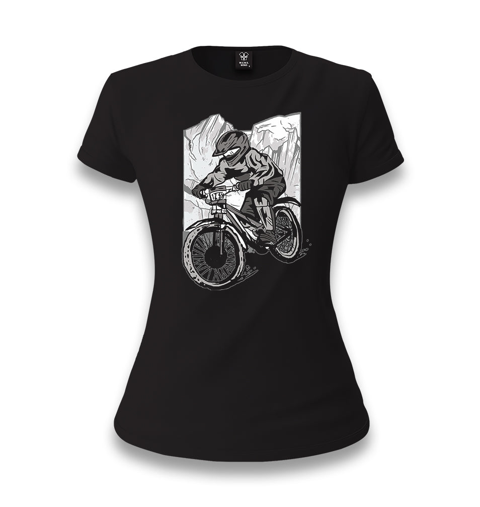 Biker Riding in Front of the Mountains Women's Black T-shirt - Premium  from W.E.N.S. WIND - Just 6490! Shop now at W.E.N.S. WIND