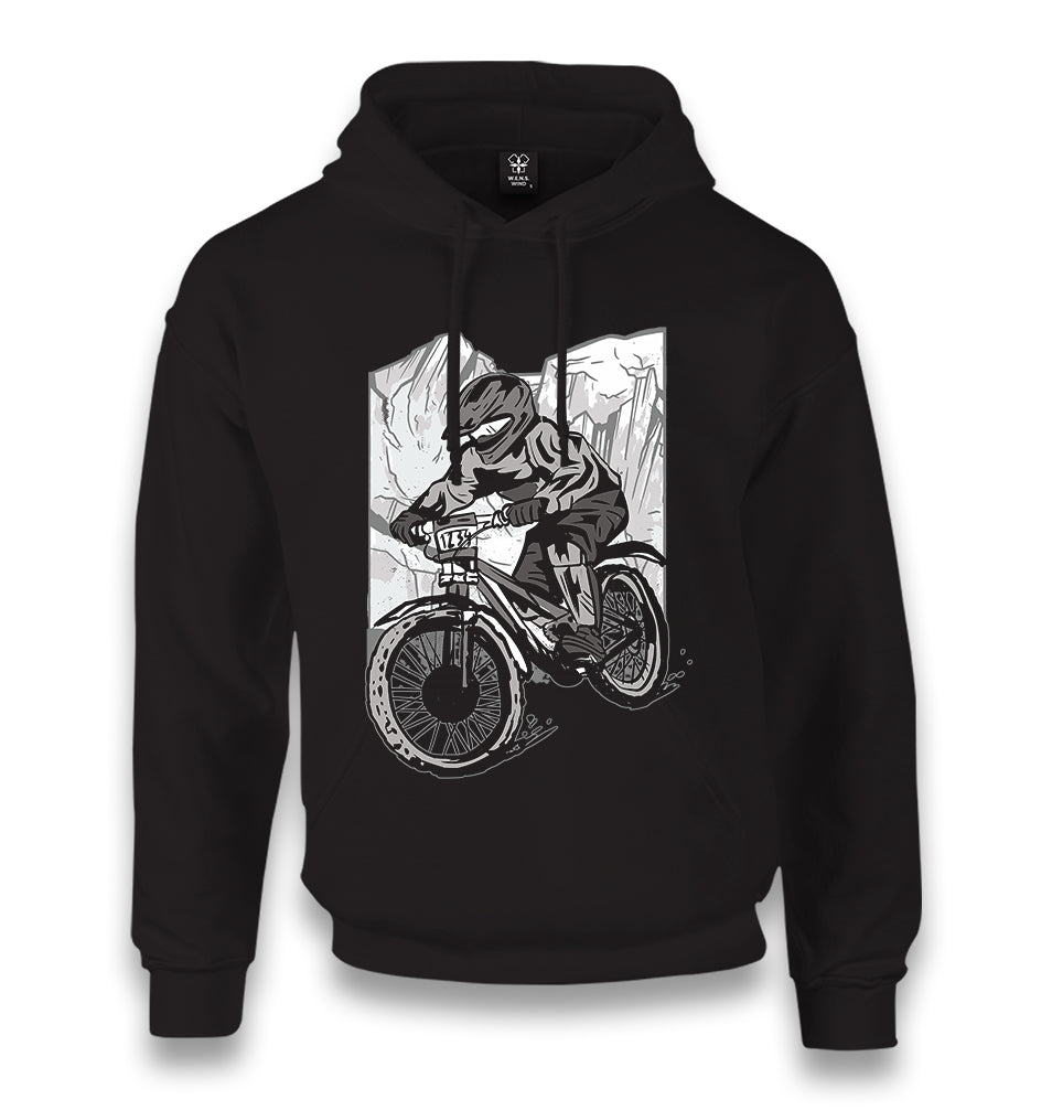 Biker Riding in Front of the Mountains Unisex Black Hoodie - Premium  from W.E.N.S. WIND - Just 11990! Shop now at W.E.N.S. WIND