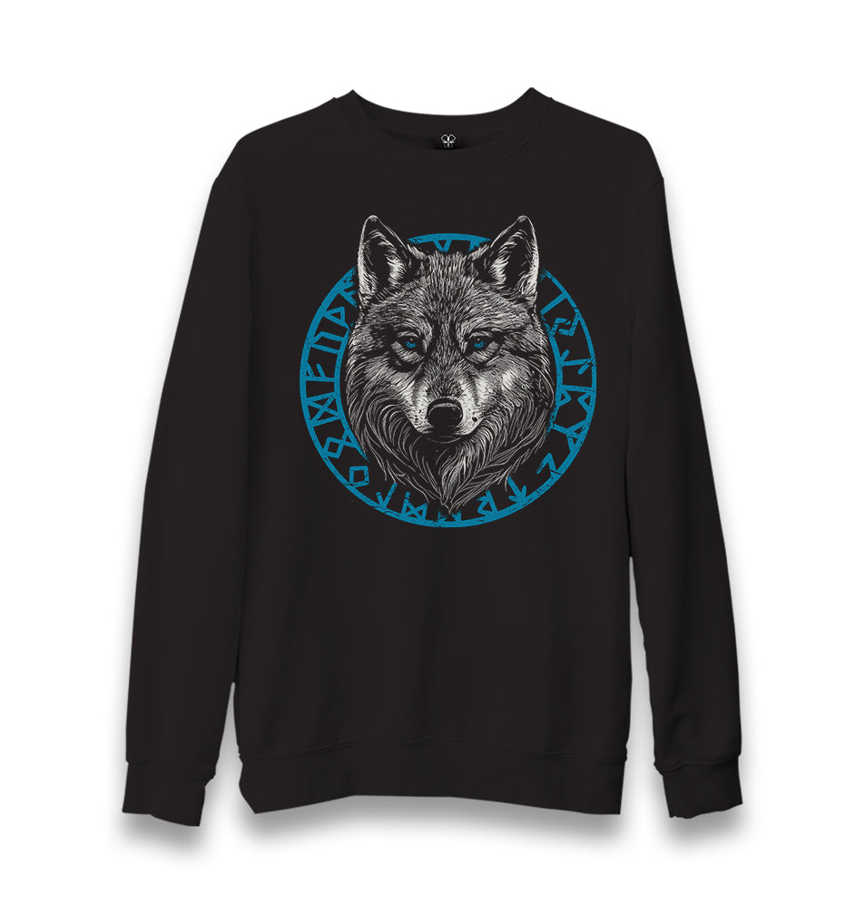 Wolf with a Blue Circular Viking Logo Unisex Black Sweatshirt - Premium  from W.E.N.S. WIND - Just 10990! Shop now at W.E.N.S. WIND