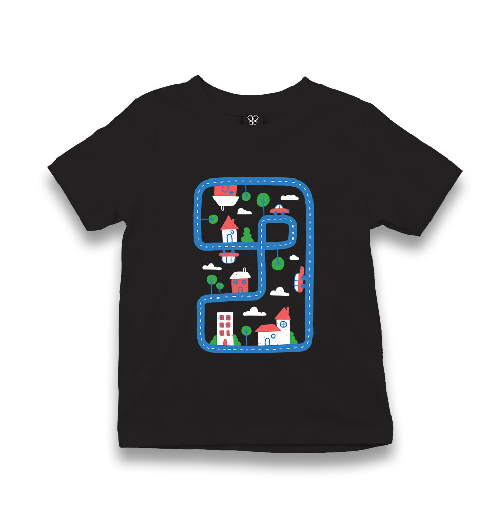 City Roads and Houses in Kids Style Kid's Black T-shirt - Premium  from W.E.N.S. WIND - Just 5990! Shop now at W.E.N.S. WIND