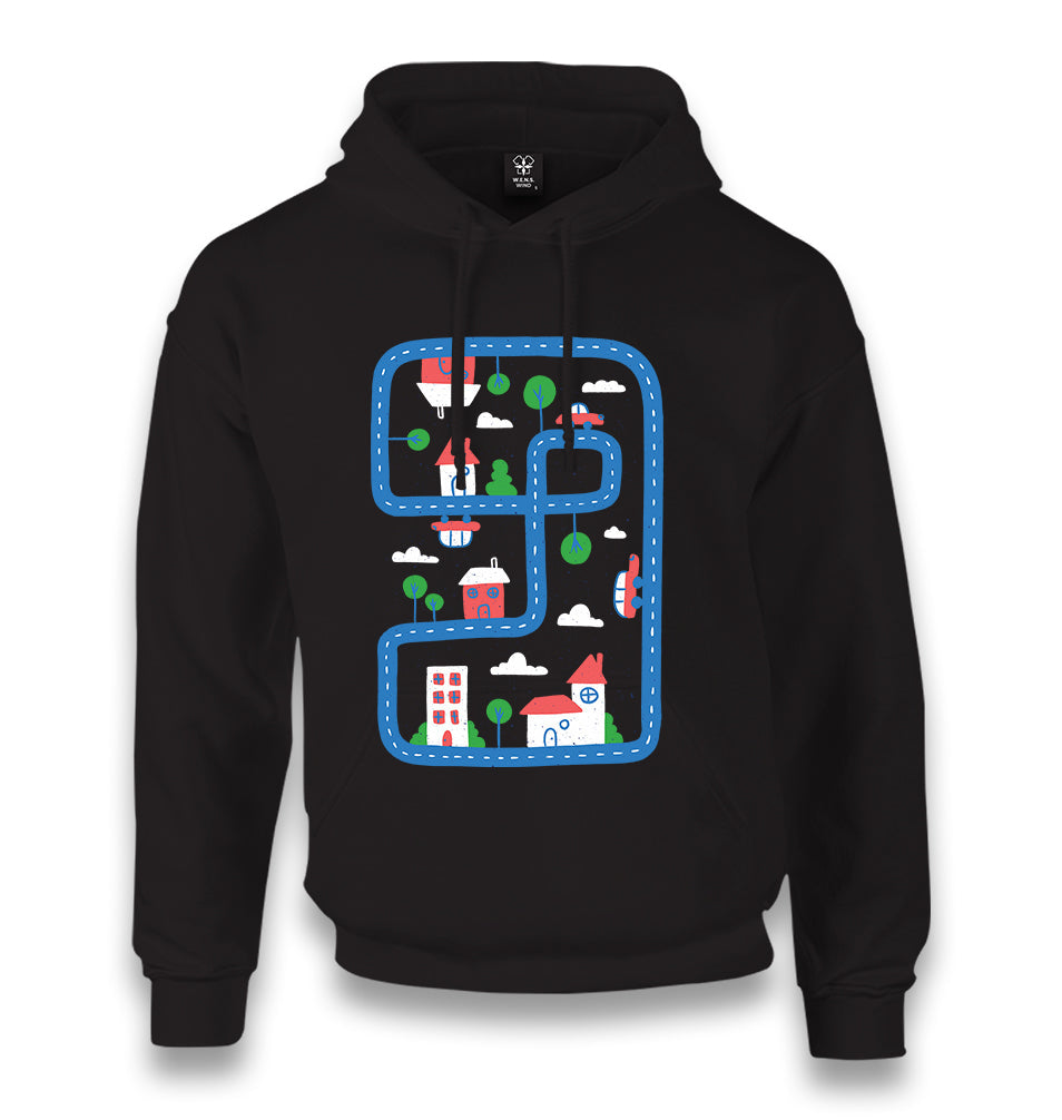 City Roads and Houses in Kids Style Unisex Black Hoodie - Premium  from W.E.N.S. WIND - Just 11990! Shop now at W.E.N.S. WIND