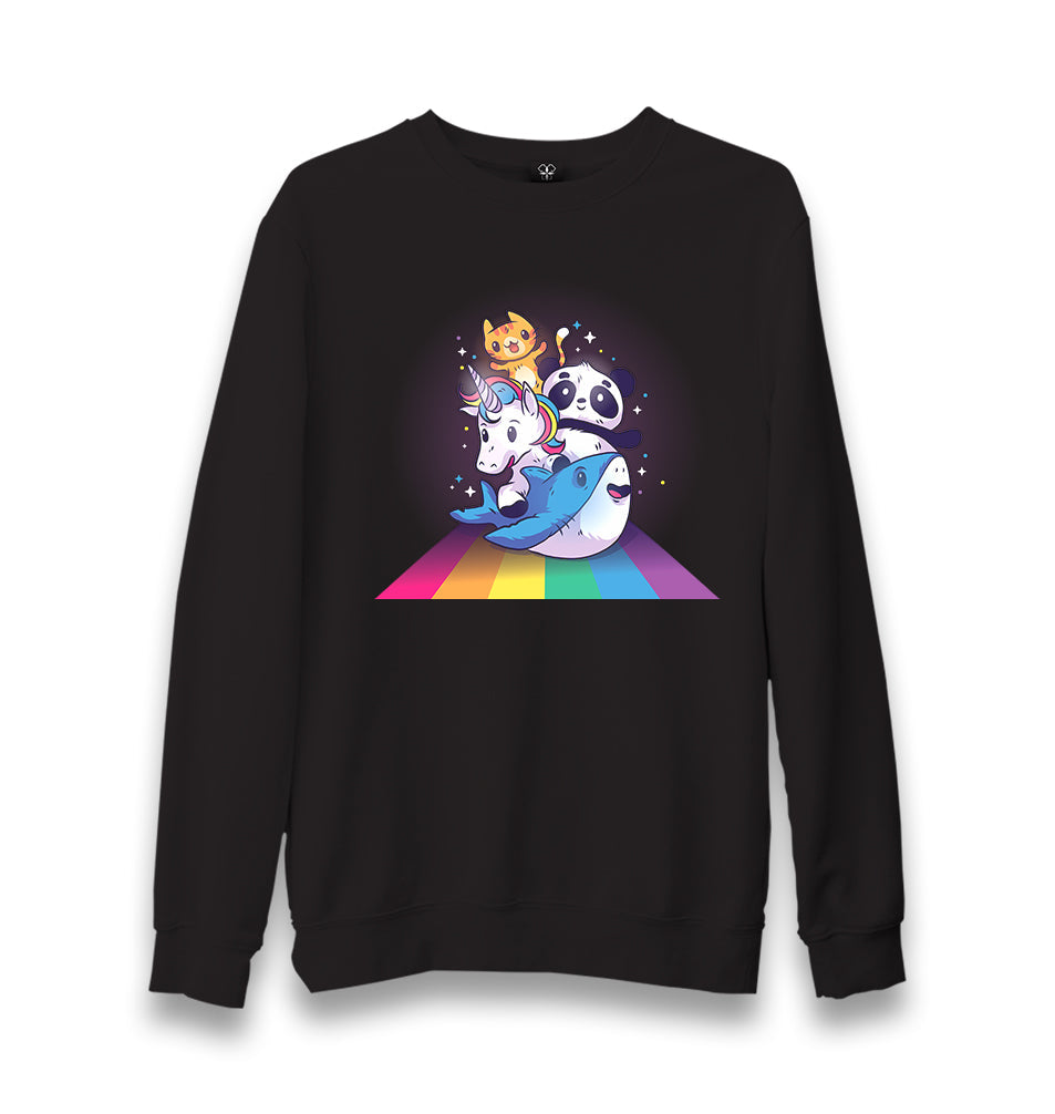 Cute Panda Shark Unicorn Cat on Rainbow Unisex Black Sweatshirt - Premium  from W.E.N.S. WIND - Just 10990! Shop now at W.E.N.S. WIND