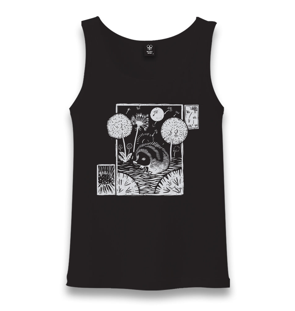 Hedgehog with Dandelions and Flowers Unisex Black Tank Top - Premium  from W.E.N.S. WIND - Just 6490! Shop now at W.E.N.S. WIND