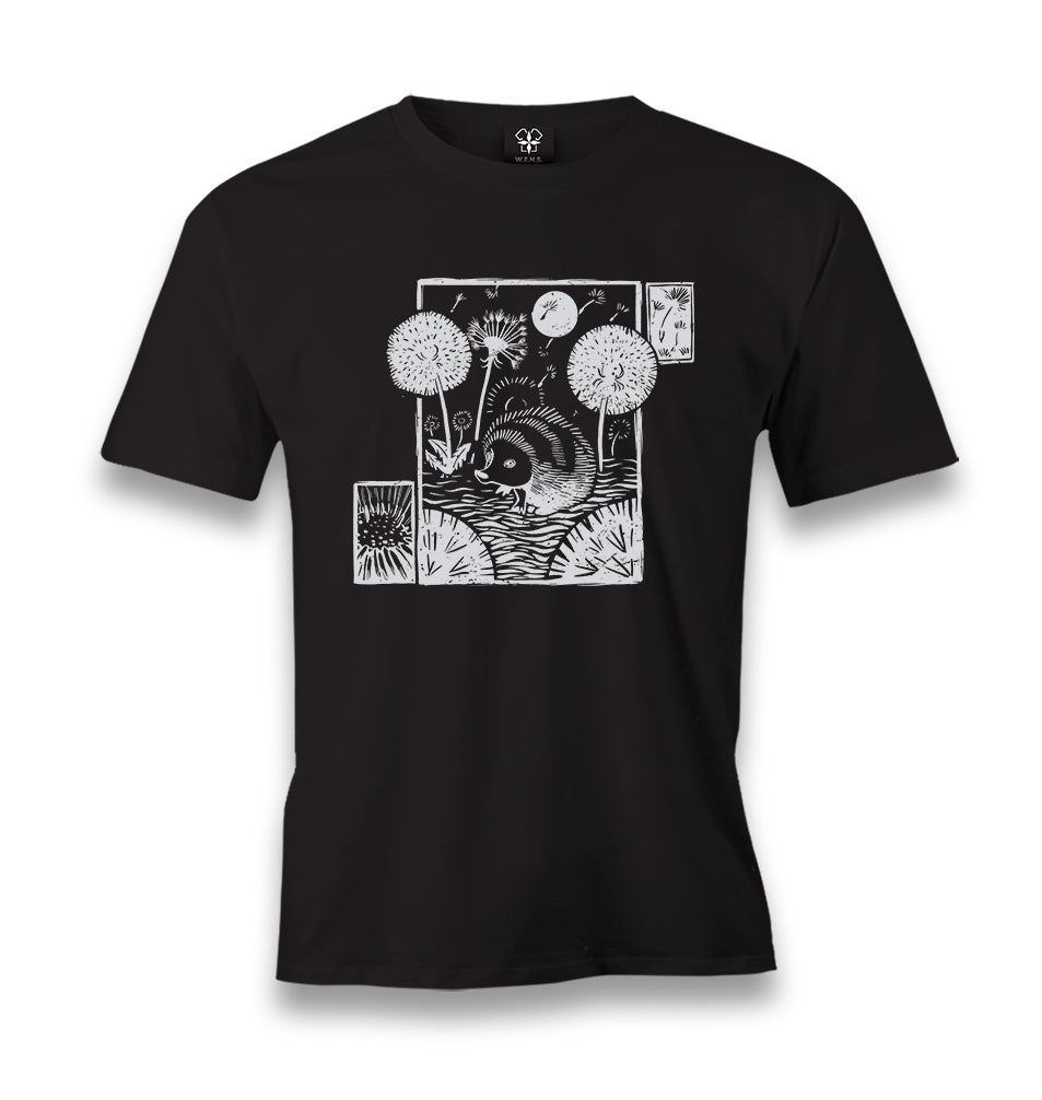 Hedgehog with Dandelions and Flowers Men's Black Tshirt - Premium  from W.E.N.S. WIND - Just 6490! Shop now at W.E.N.S. WIND
