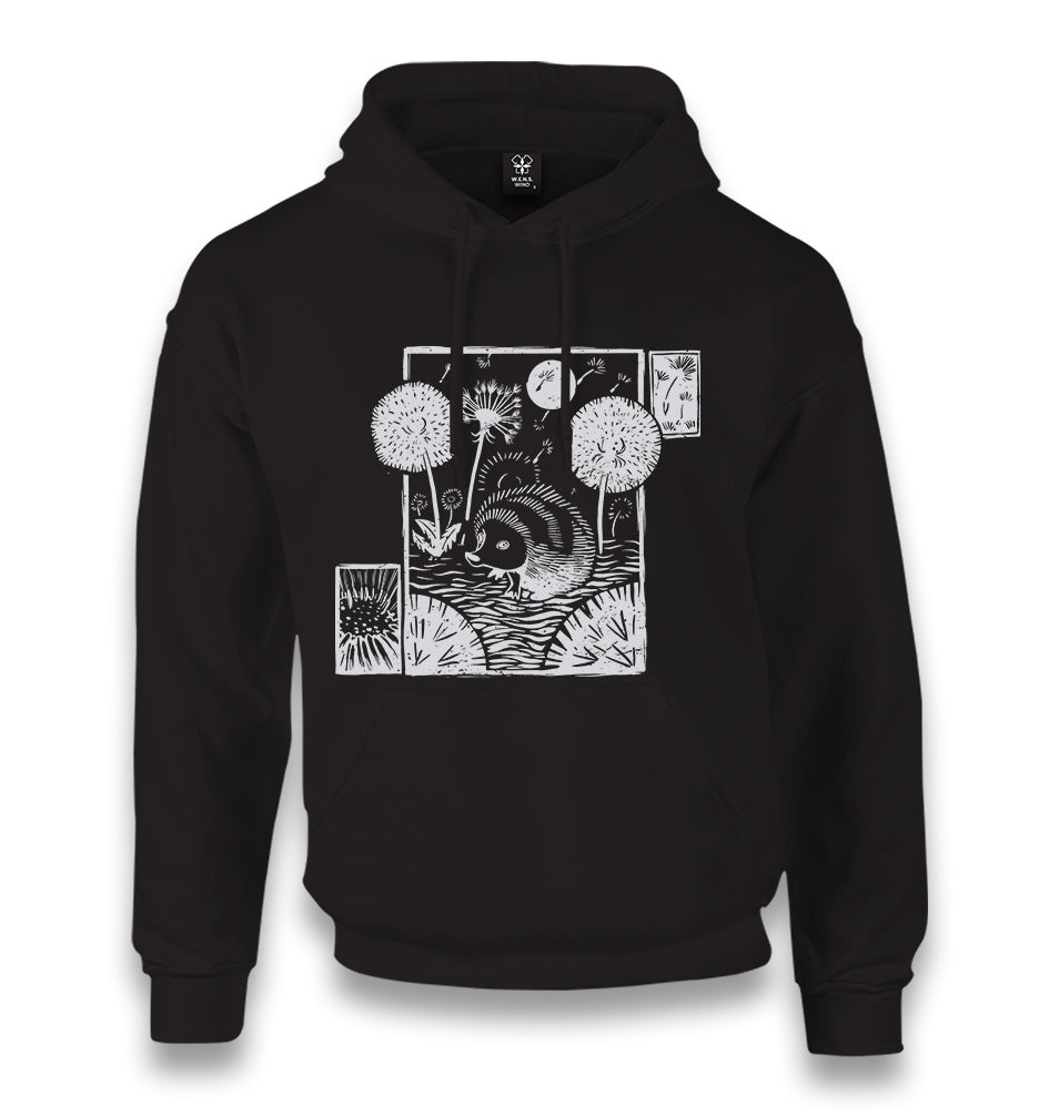 Hedgehog with Dandelions and Flowers Unisex Black Hoodie - Premium  from W.E.N.S. WIND - Just 11990! Shop now at W.E.N.S. WIND