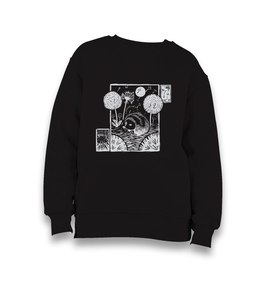 Hedgehog with Dandelions and Flowers Kid's Black Sweatshirt - Premium  from W.E.N.S. WIND - Just 7990! Shop now at W.E.N.S. WIND
