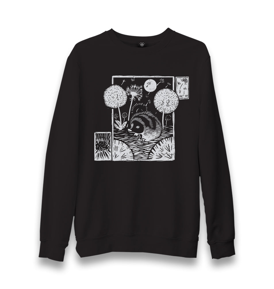 Hedgehog with Dandelions and Flowers Unisex Black Sweatshirt - Premium  from W.E.N.S. WIND - Just 10990! Shop now at W.E.N.S. WIND