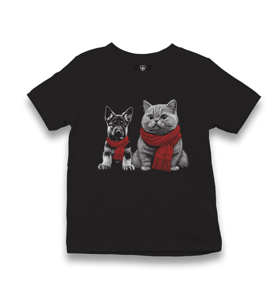 Baby Dog and a Cat Wearing Scarves Kid's Black T-shirt - Premium  from W.E.N.S. WIND - Just 5990! Shop now at W.E.N.S. WIND