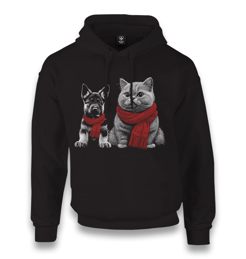 Baby Dog and a Cat Wearing Scarves Unisex Black Hoodie - Premium  from W.E.N.S. WIND - Just 11990! Shop now at W.E.N.S. WIND