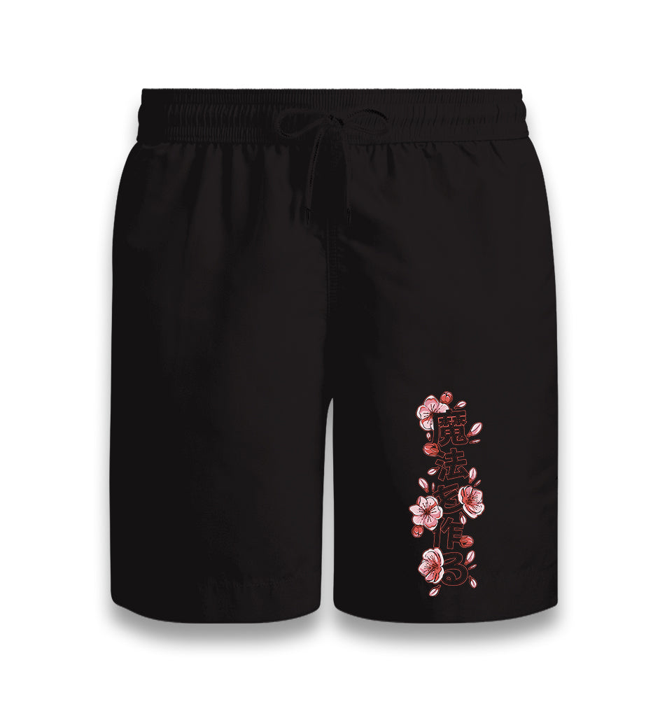 Japanese Quote with Decorative Flowers Black Shorts - Premium  from W.E.N.S. WIND - Just 7990! Shop now at W.E.N.S. WIND