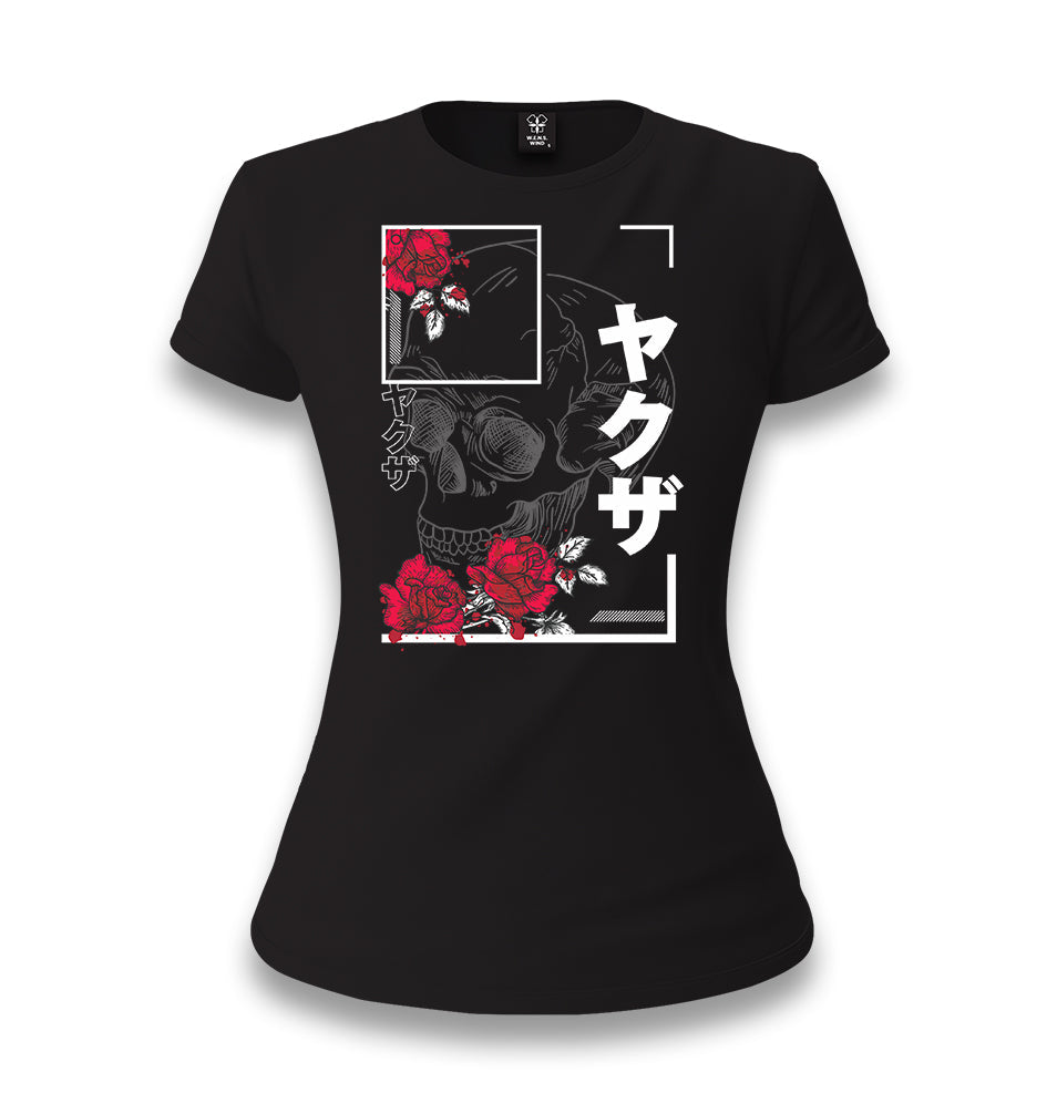 Japanese Quote and Flowers over a Skull Women's Black T-shirt - Premium  from W.E.N.S. WIND - Just 6490! Shop now at W.E.N.S. WIND