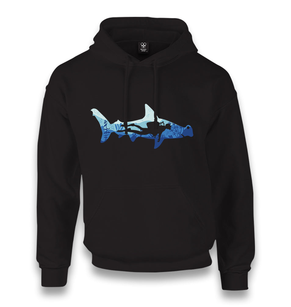 Diver Underwater in a Shark Silhouette Unisex Black Hoodie - Premium  from W.E.N.S. WIND - Just 11990! Shop now at W.E.N.S. WIND