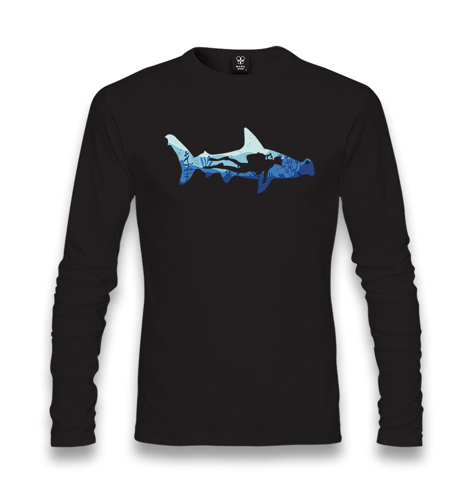 Diver Underwater in a Shark Silhouette Unisex Black Longsleeve - Premium  from W.E.N.S. WIND - Just 7990! Shop now at W.E.N.S. WIND