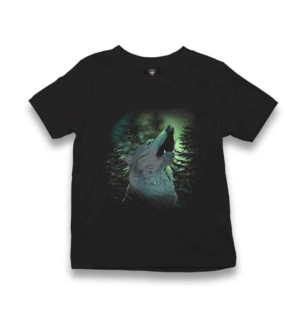 Wolf Howling in a Green Light Forest Kid's Black T-shirt - Premium  from W.E.N.S. WIND - Just 5990! Shop now at W.E.N.S. WIND