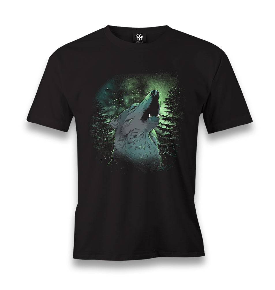 Wolf Howling in a Green Light Forest Men's Black Tshirt - Premium  from W.E.N.S. WIND - Just 6490! Shop now at W.E.N.S. WIND