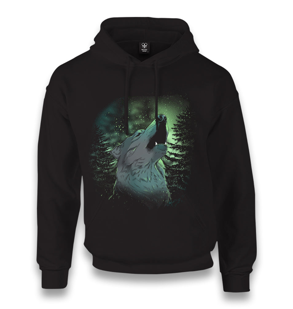 Wolf Howling in a Green Light Forest Unisex Black Hoodie - Premium  from W.E.N.S. WIND - Just 11990! Shop now at W.E.N.S. WIND