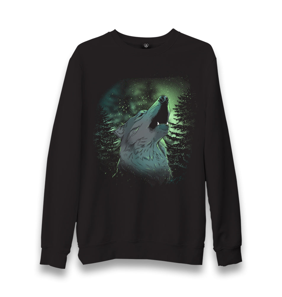 Wolf Howling in a Green Light Forest Unisex Black Sweatshirt - Premium  from W.E.N.S. WIND - Just 10990! Shop now at W.E.N.S. WIND