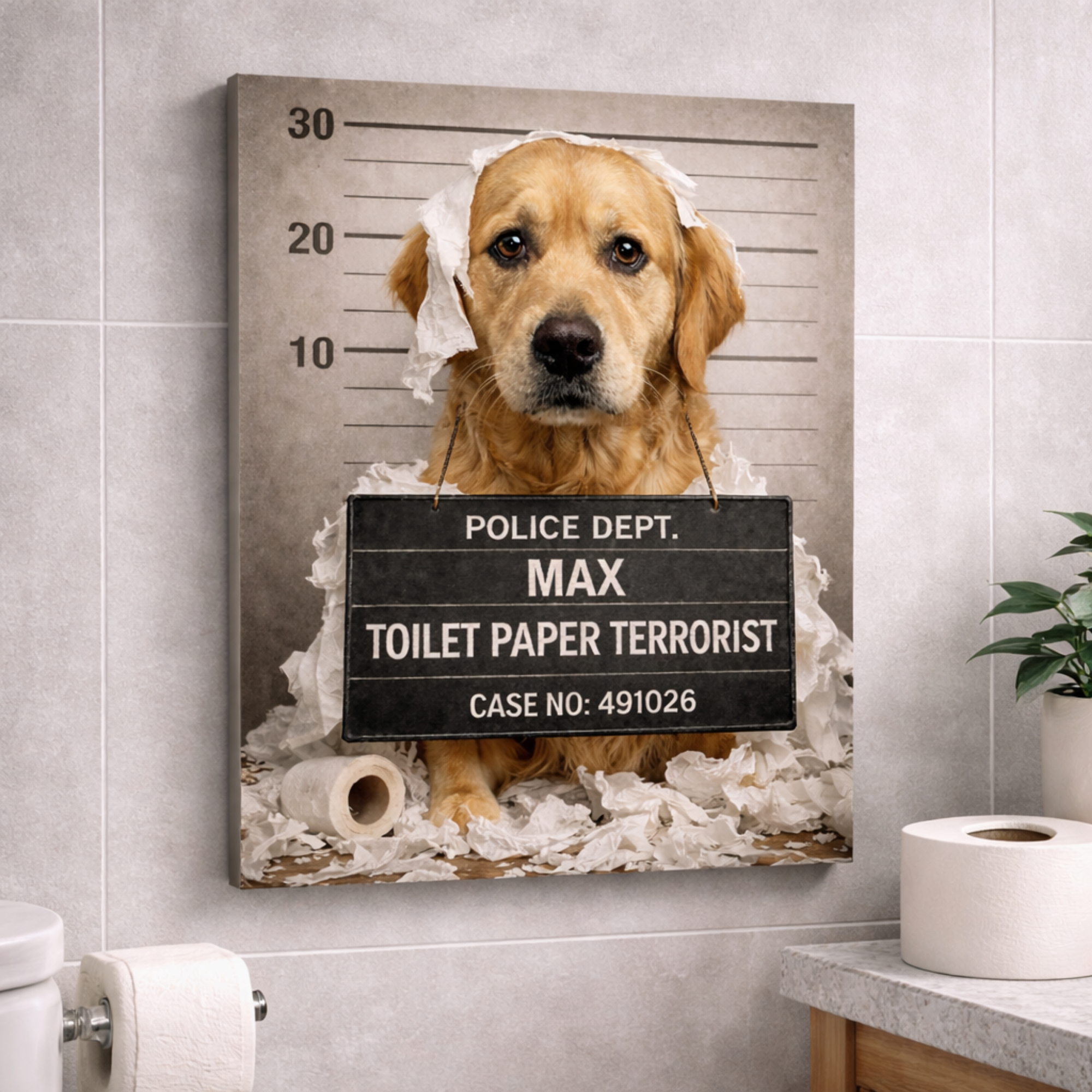 Personalized Dog Canvas Wall Art 30 x 40 cm “Pets Got Busted: Toilett Paper Terrorist” Pet Portrait