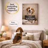 Personalized Dog Canvas Wall Art 30 x 40 cm “Pets Got Busted: Pillow Assassin” Pet Portrait