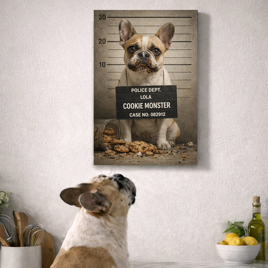 Personalized Dog Canvas Wall Art 30 x 40 cm “Pets Got Busted: Cookie Monster” Pet Portrait