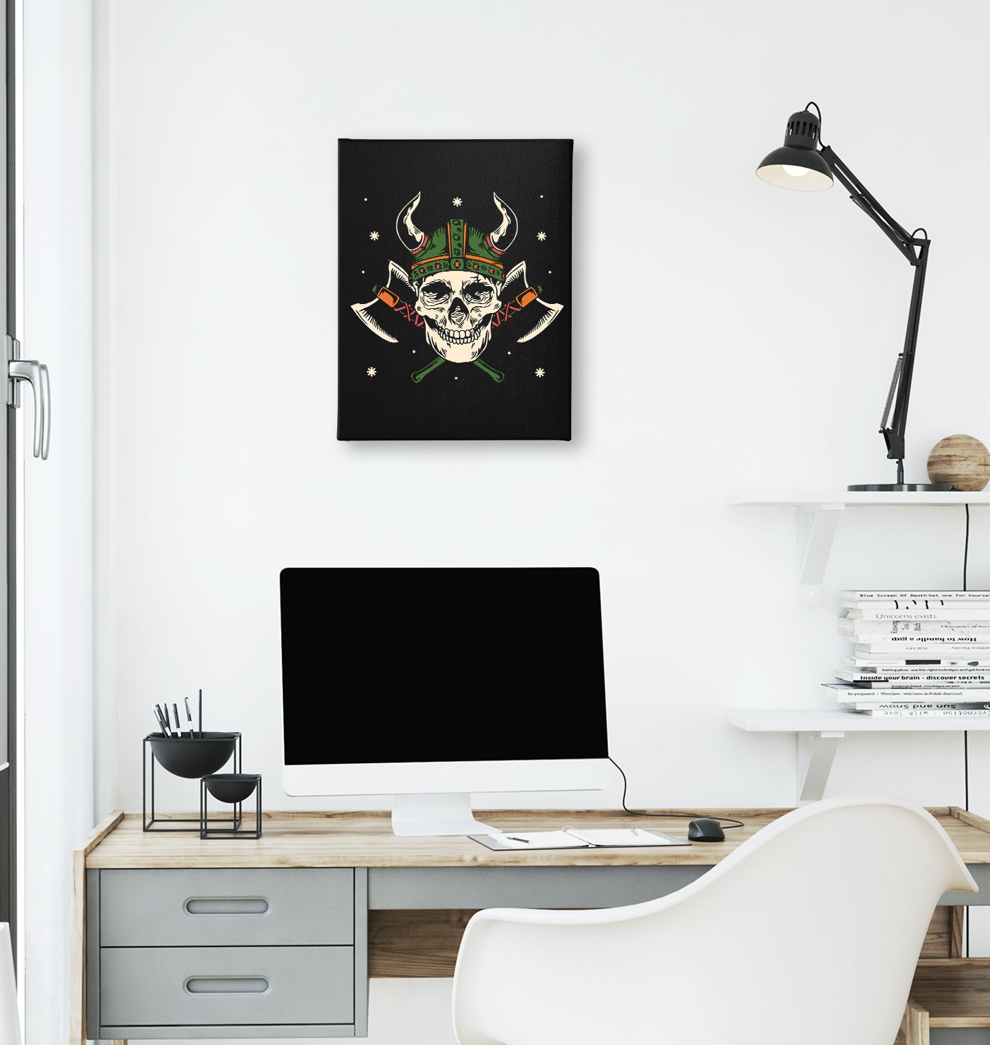 A Viking Skull with a Hammer and Axes Black Canvas Wall Art 35x40cm - Premium  from W.E.N.S. WIND - Just 7990! Shop now at W.E.N.S. WIND