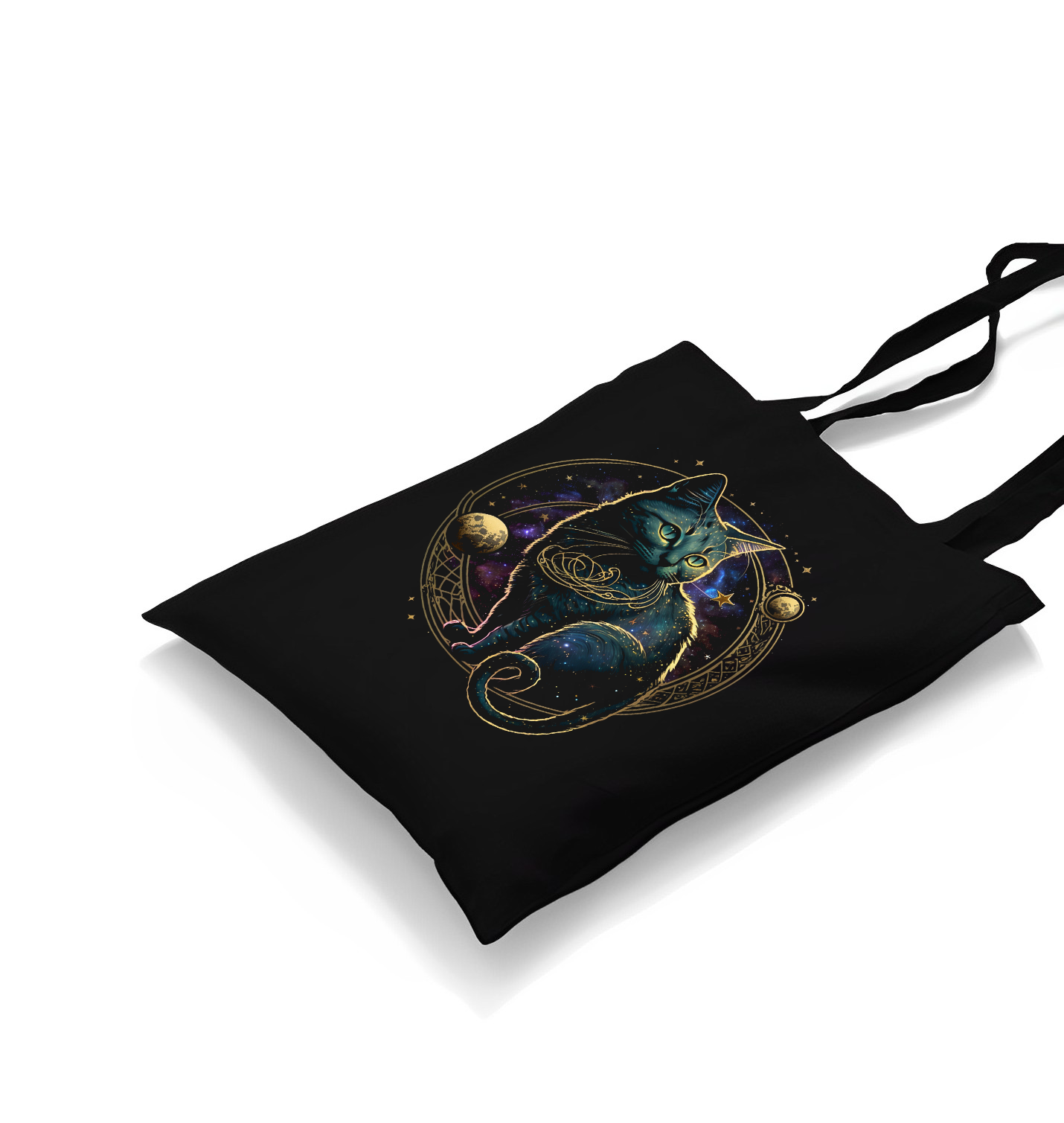 Magical Cat in Space with the Moon and Planets Black Canvas Totebag - Premium  from W.E.N.S. WIND - Just 4990! Shop now at W.E.N.S. WIND