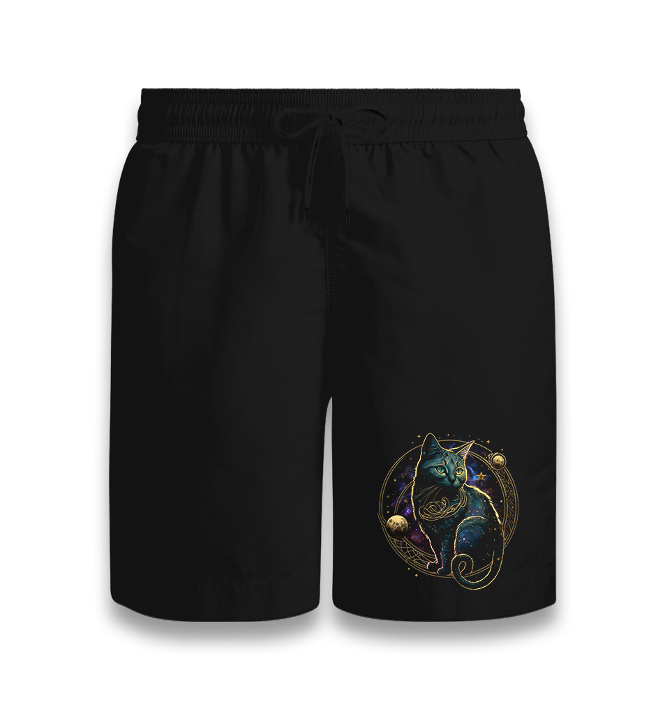 Magical Cat in Space with the Moon and Planets Black Shorts - Premium  from W.E.N.S. WIND - Just 7990! Shop now at W.E.N.S. WIND