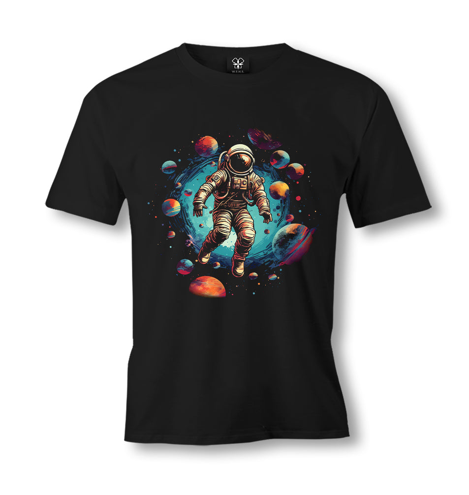 Planets Moving Around an Astronaut in the Galaxy - ES5II61 Men's Black Tshirt - Premium  from W.E.N.S. WIND - Just 6490! Shop now at W.E.N.S. WIND