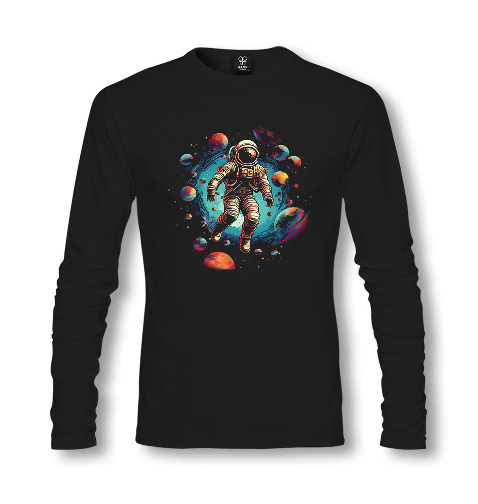 Planets Moving Around an Astronaut in the Galaxy - ES5261 Unisex Black Longsleeve - Premium  from W.E.N.S. WIND - Just 7990! Shop now at W.E.N.S. WIND