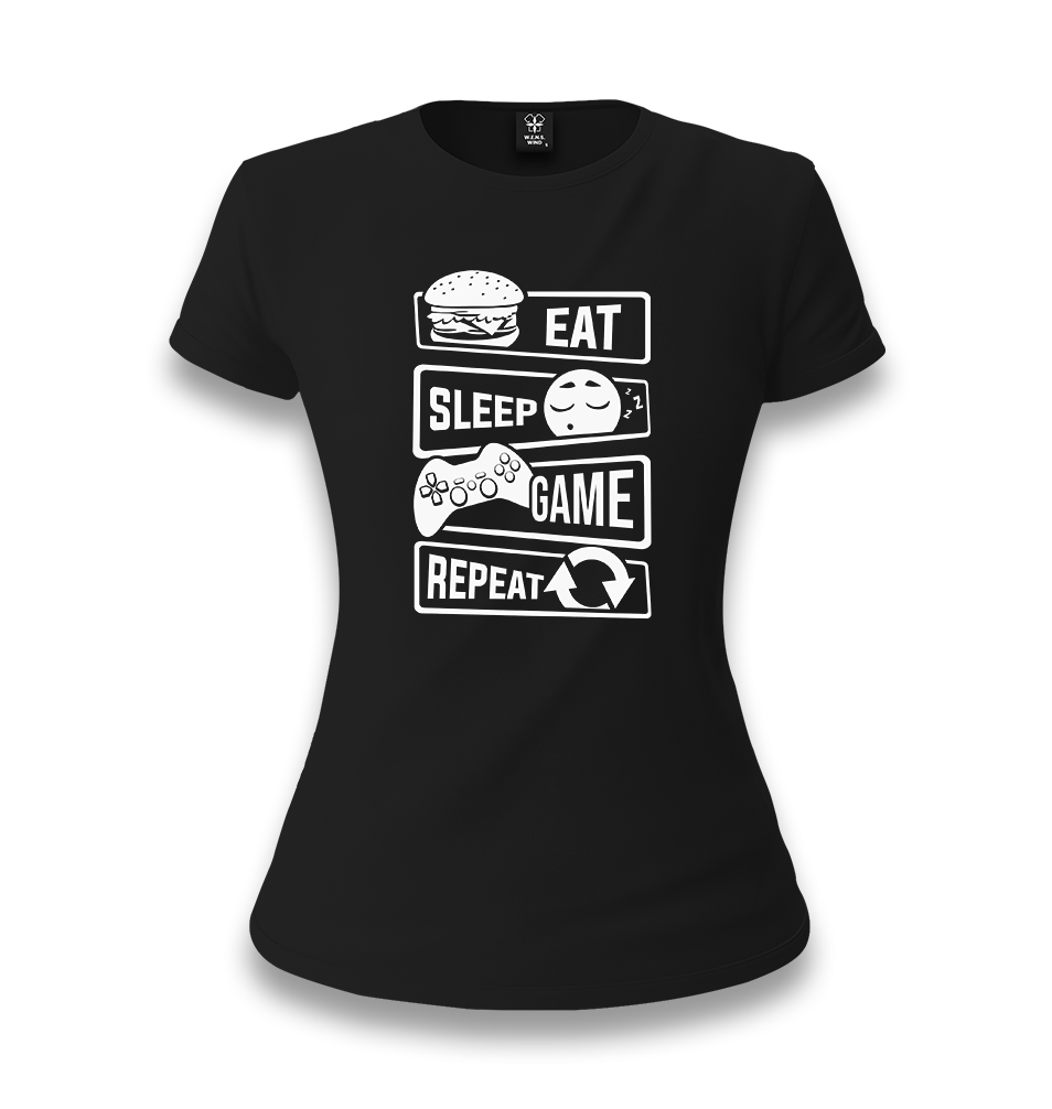 Eat Sleep Game Repeat Women's Black T-shirt - Premium Women's T-shirt from W.E.N.S. WIND - Just 6490! Shop now at W.E.N.S. WIND