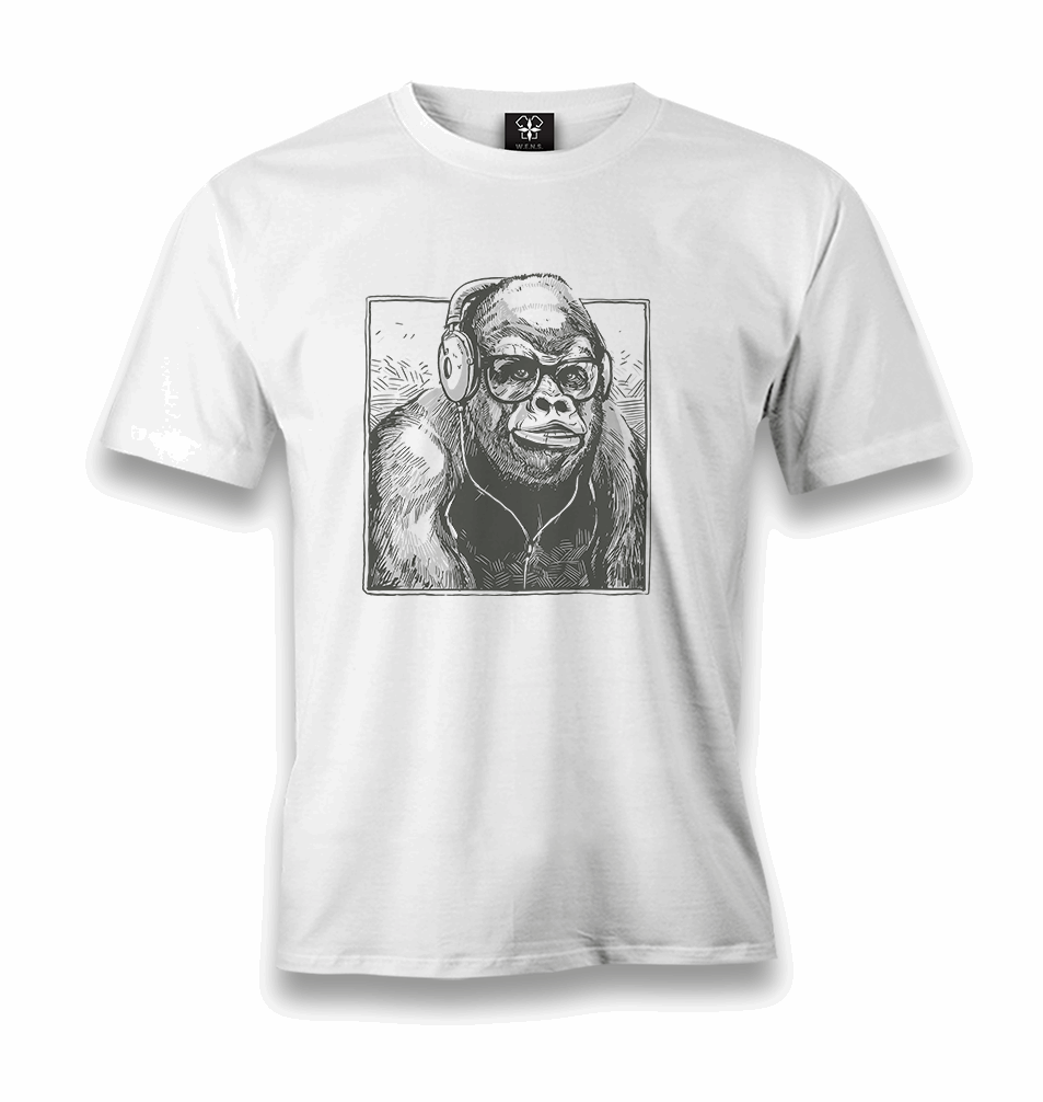A Gorilla with Headphones Listening to Music Men's White Tshirt - Premium Men's T-shirt from W.E.N.S. WIND - Just 6490! Shop now at W.E.N.S. WIND
