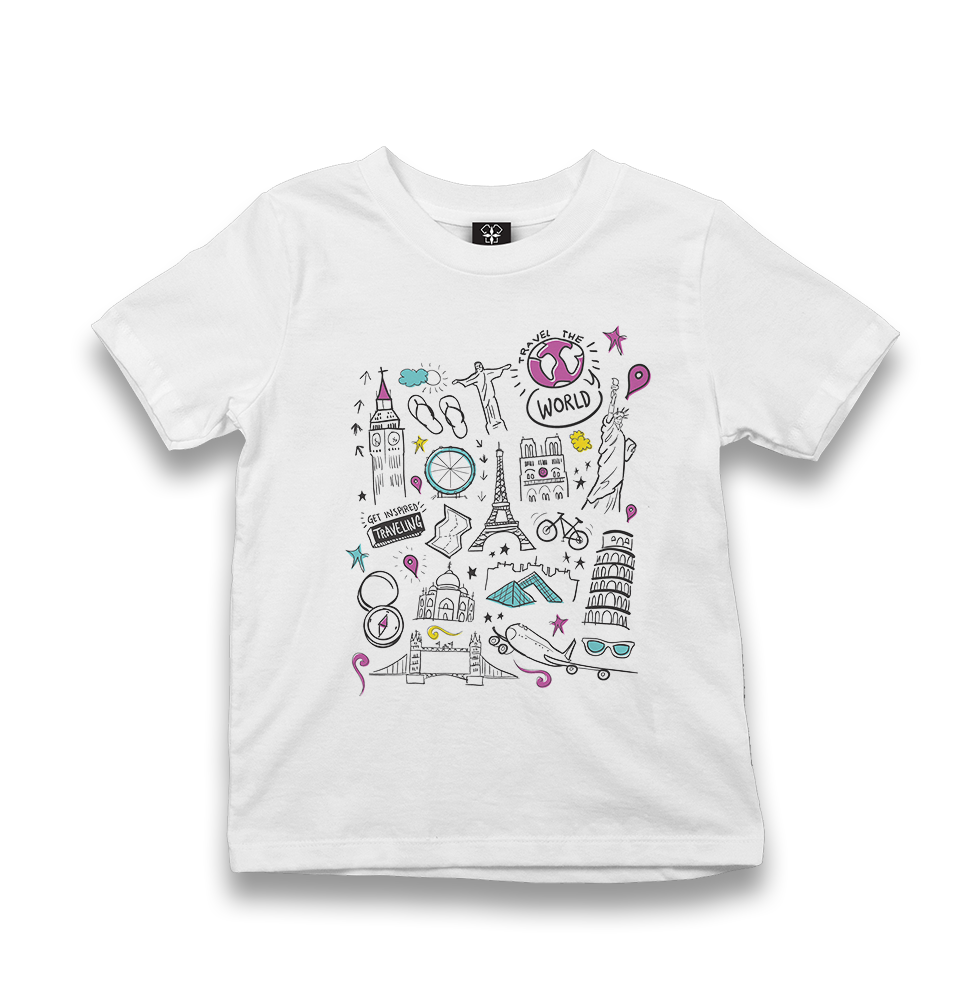 Travel the World Eiffel Pisa Liberty Big Ben Kid's White Tshirt - Premium  from W.E.N.S. WIND - Just 5990! Shop now at W.E.N.S. WIND