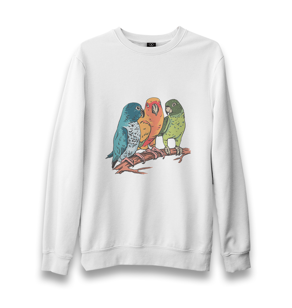 Three Colorful Birds Talking Unisex White Sweatshirt - Premium  from W.E.N.S. WIND - Just 10990! Shop now at W.E.N.S. WIND