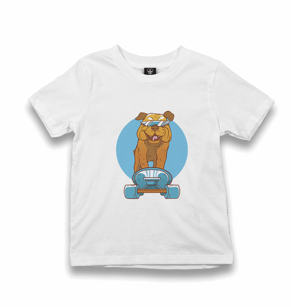 A Dog on a Blue Skate Wearing Sunglasses Kid's White Tshirt - Premium Kid's T-shirt from W.E.N.S. WIND - Just 5990! Shop now at W.E.N.S. WIND