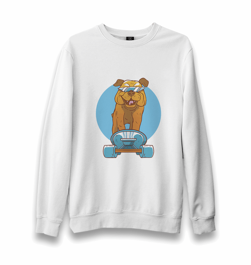 A Dog on a Blue Skate Wearing Sunglasses Unisex White Sweatshirt - Premium Unisex Sweatshirt from W.E.N.S. WIND - Just 10990! Shop now at W.E.N.S. WIND