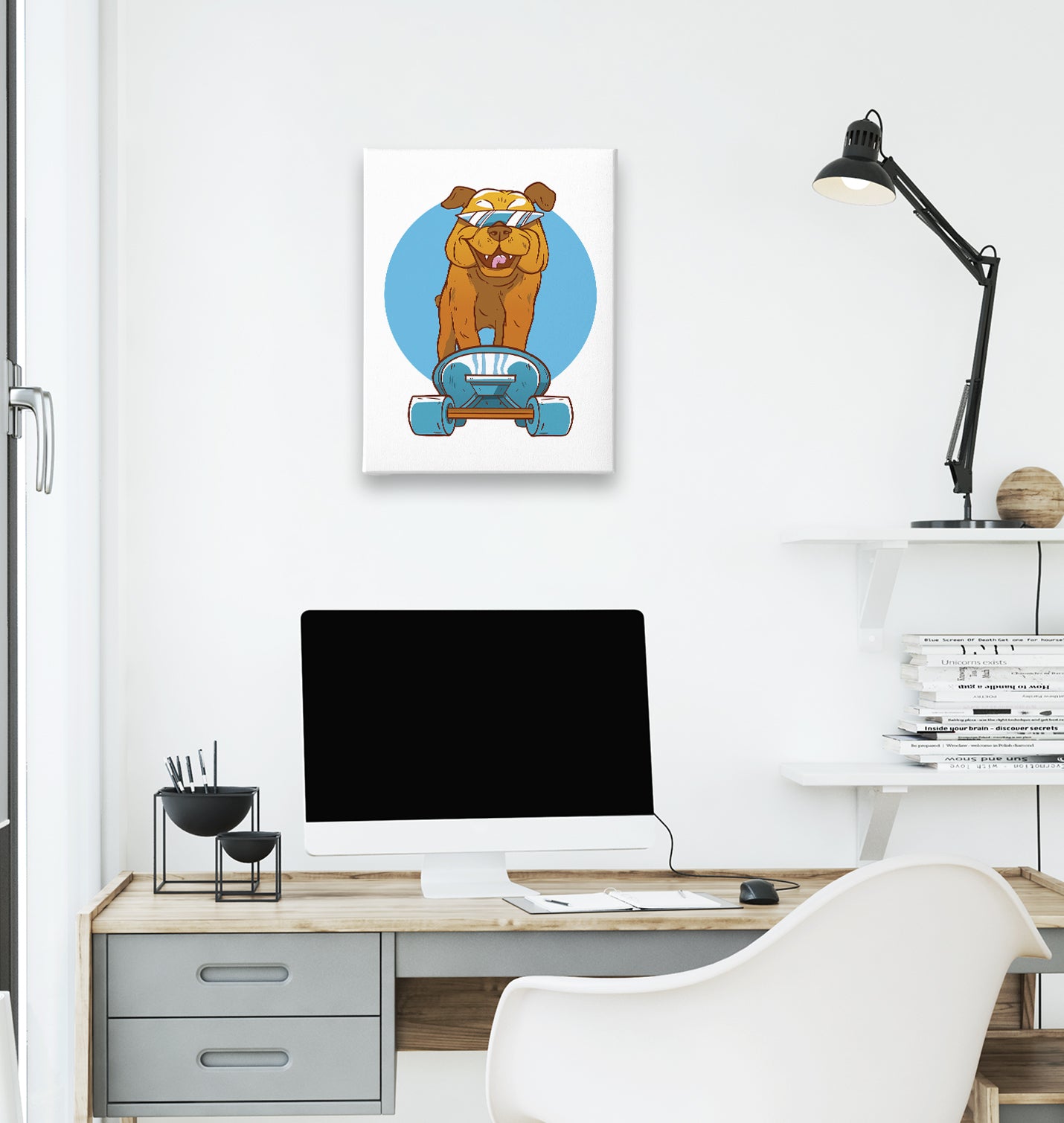 A Dog on a Blue Skate Wearing Sunglasses White Canvas Wall Art 35x40cm - Premium  from W.E.N.S. WIND - Just 7990! Shop now at W.E.N.S. WIND