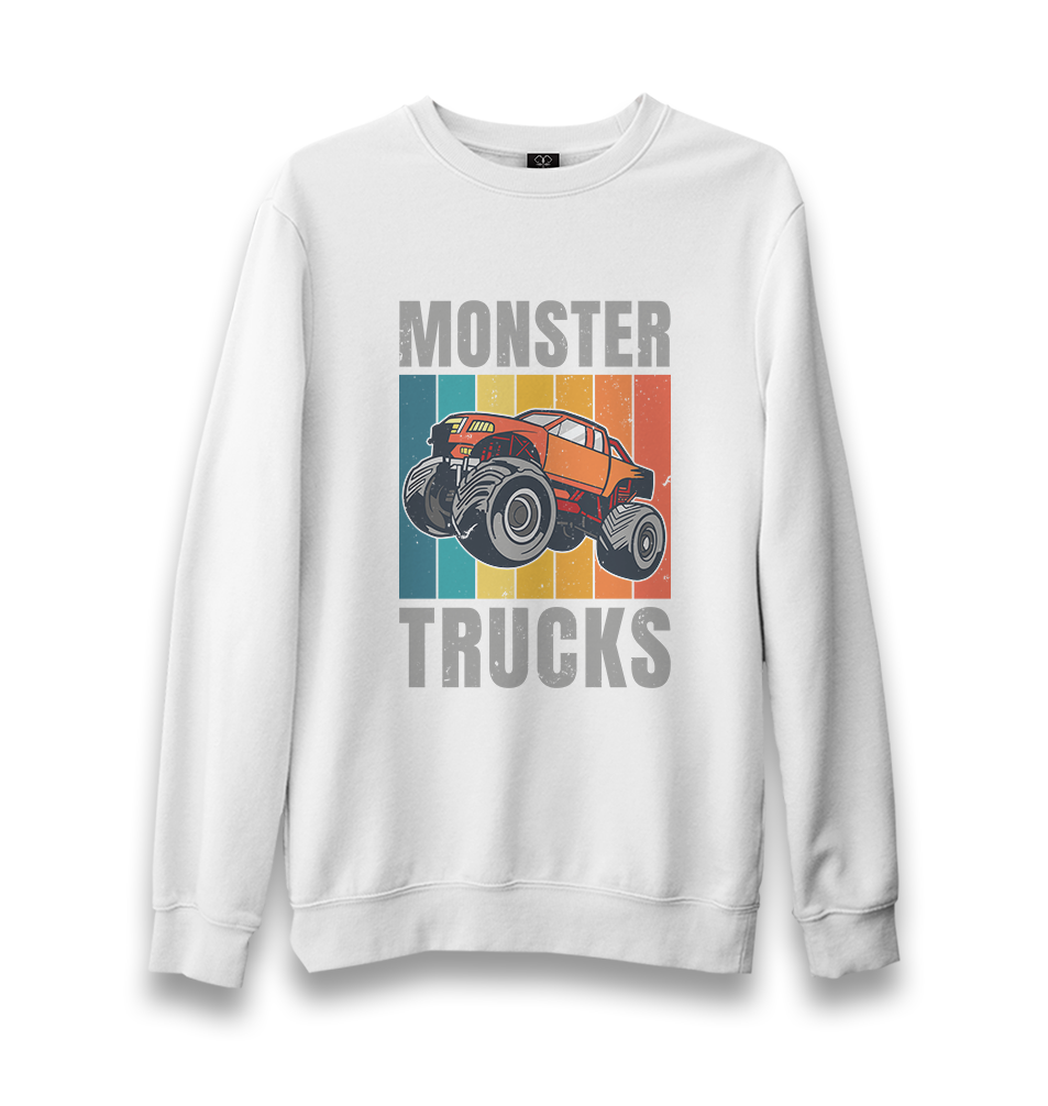 Monster Trucks wit Retro Background Unisex White Sweatshirt - Premium  from W.E.N.S. WIND - Just 10990! Shop now at W.E.N.S. WIND
