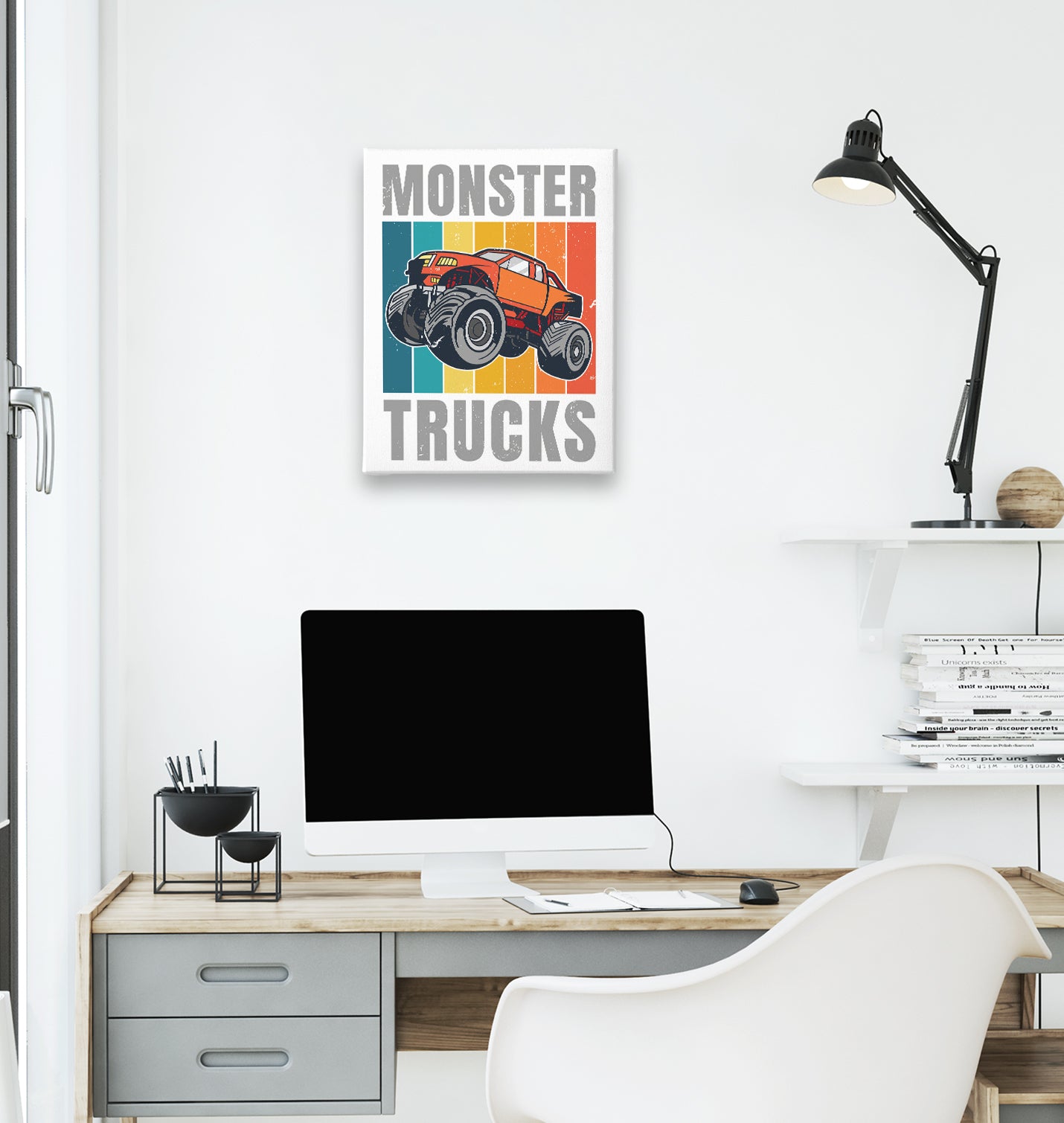 Monster Trucks wit Retro Background White Canvas Wall Art 35x40cm - Premium  from W.E.N.S. WIND - Just 7990! Shop now at W.E.N.S. WIND