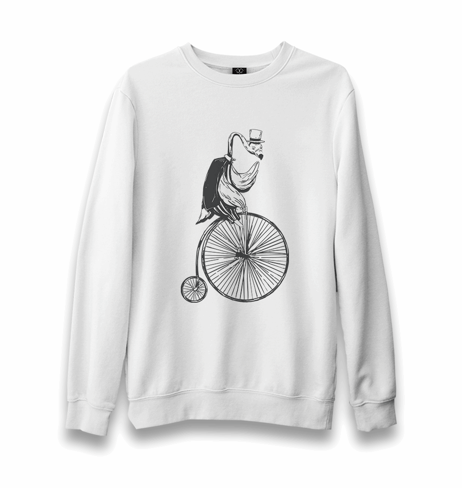 A Flamingo Riding a Bicycle on Wheels Unisex White Sweatshirt - Premium Unisex Sweatshirt from W.E.N.S. WIND - Just 10990! Shop now at W.E.N.S. WIND