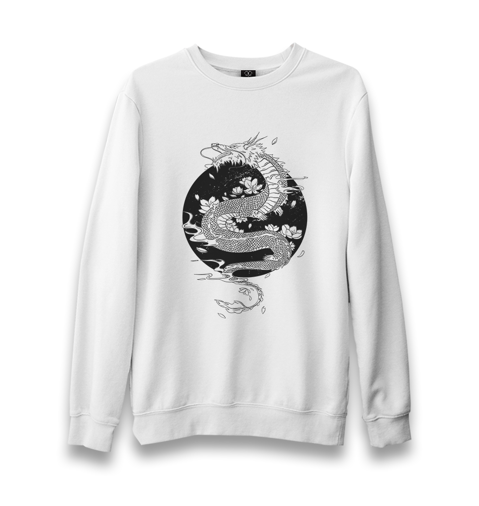 Dragon with Moon and Flowers Unisex White Sweatshirt - Premium  from W.E.N.S. WIND - Just 10990! Shop now at W.E.N.S. WIND