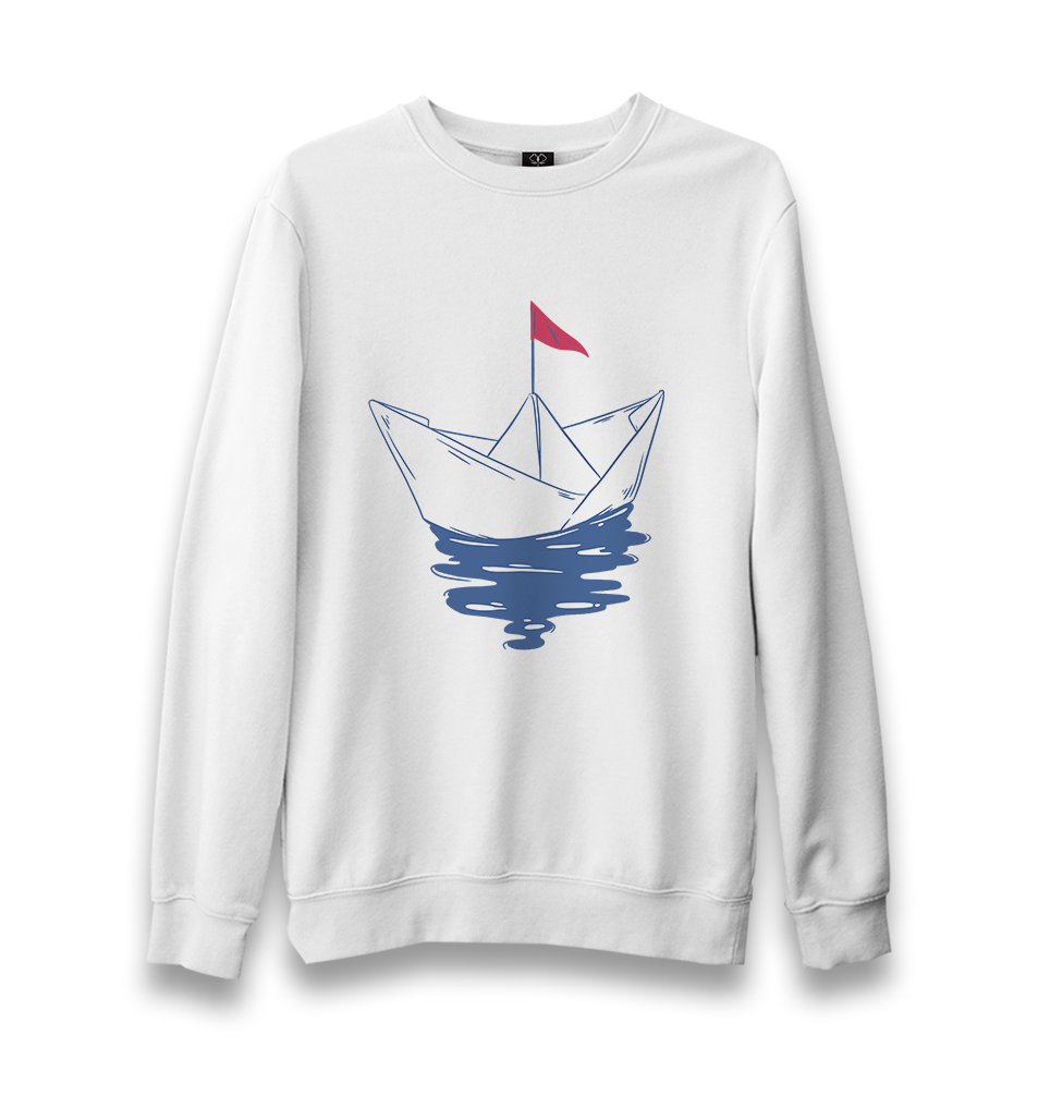 Paper Boat with a Red Flag Unisex White Sweatshirt - Premium  from W.E.N.S. WIND - Just 10990! Shop now at W.E.N.S. WIND