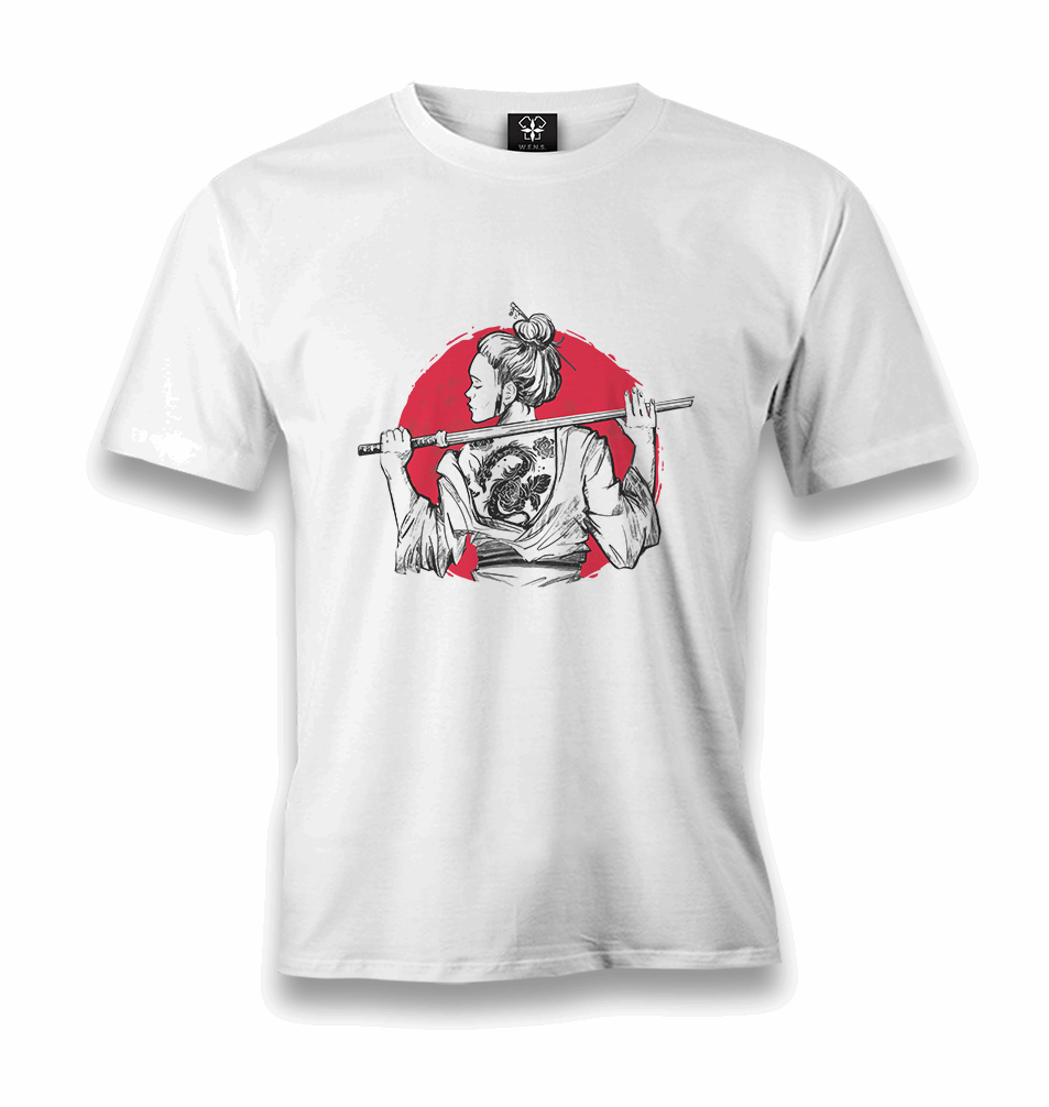 A Samurai Girl with a Tattoo on Her Back Men's White Tshirt - Premium Men's T-shirt from W.E.N.S. WIND - Just 6490! Shop now at W.E.N.S. WIND