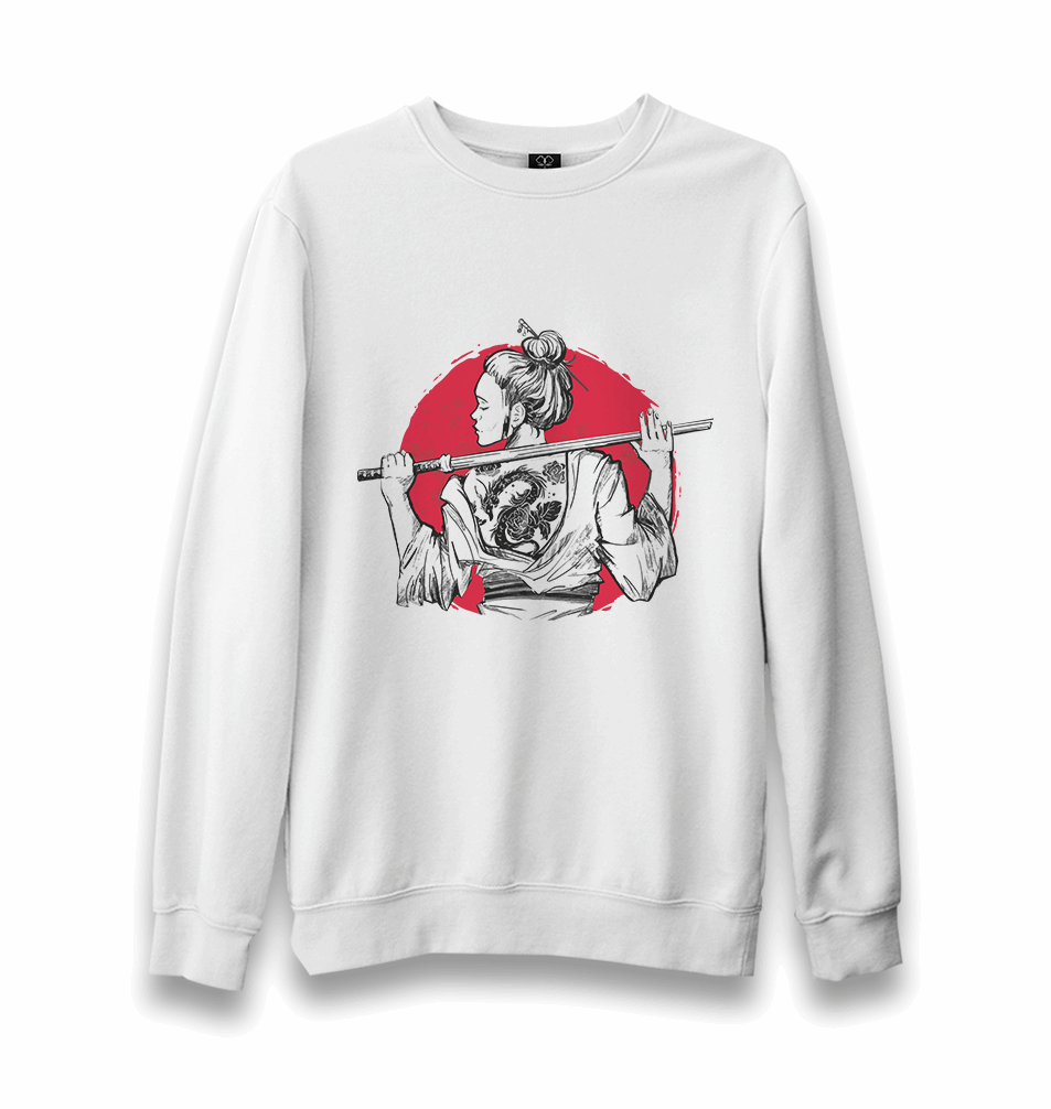 A Samurai Girl with a Tattoo on Her Back Unisex White Sweatshirt - Premium Unisex Sweatshirt from W.E.N.S. WIND - Just 10990! Shop now at W.E.N.S. WIND